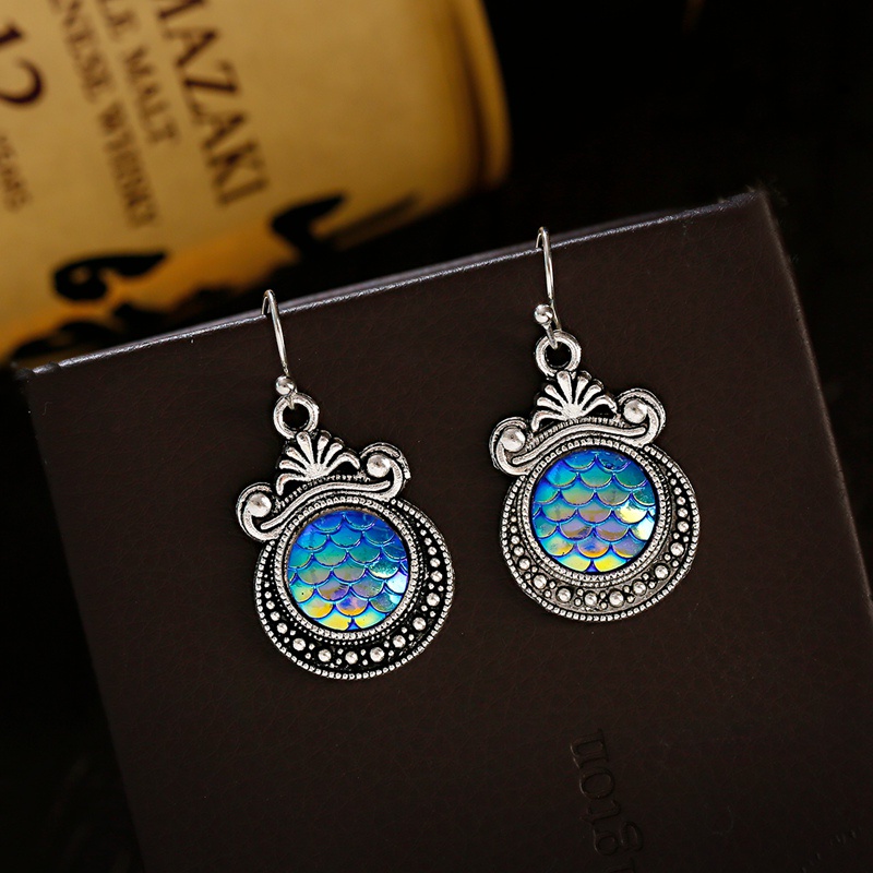 Azul Do Vintage Rodada Brincos Pendurados Para As Mulheres Jóias Boho Oceano Cor Prata Brinco De Metal Brincos Femininos