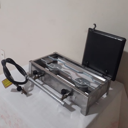 Fogão Fogareiro Caminhoneiro Duas Bocas Com Meia Chapa De Ferro Completo Portátil Para Casa Camping Pesca Apartamento