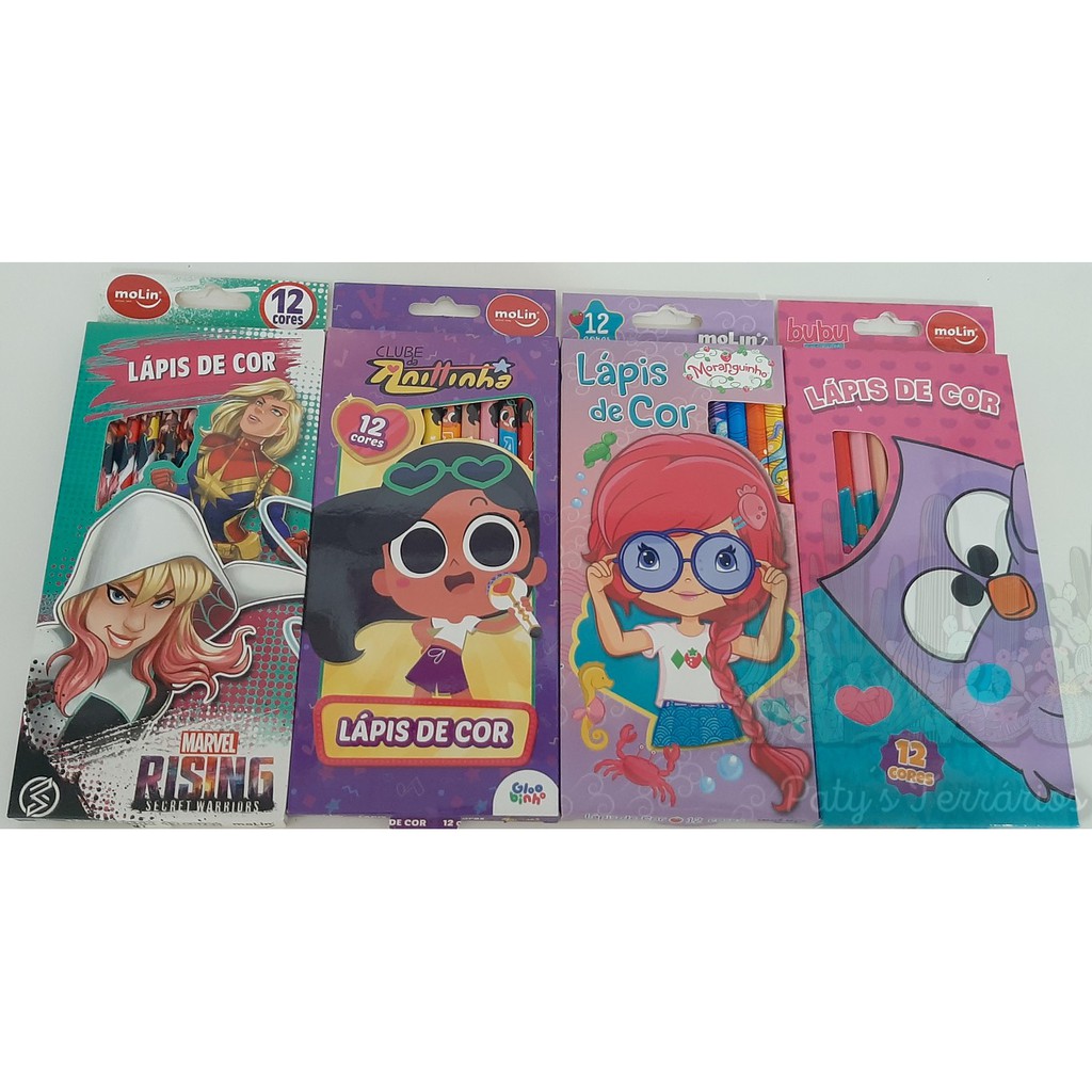 Lapis de Cor de madeira  com 12 cores VIVAS decorados marca Molin estampas Clube da Anittinha Anitta, Bubu e  Corujinhas