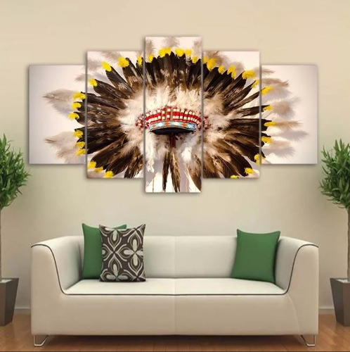 Quadro 5 Peças Mosaico Chapeu De Penas Indio Cocar