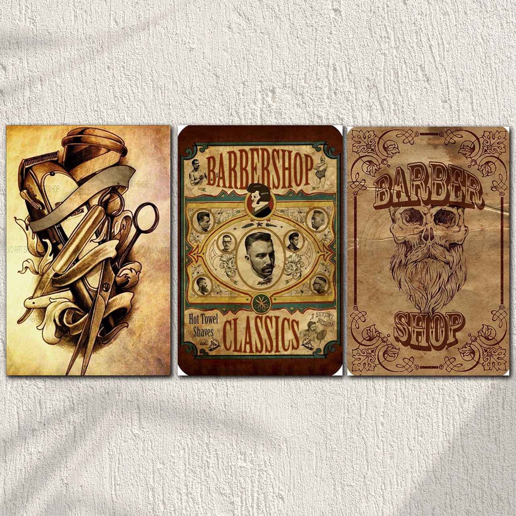 Kit 3 Quadros Decorativos para Barbearia Retro Decoração Barber Shop