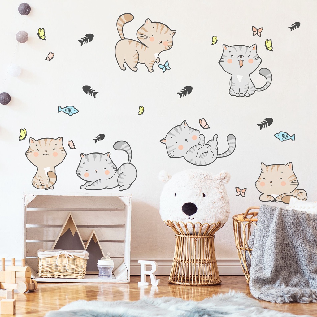 Adesivo de Parede Gatos e Borboletas Quarto Infantil Cores Neutras
