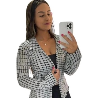 Blazer Casaco Feminino Tricot Quadriculado Blusa Frio Manga Longa
