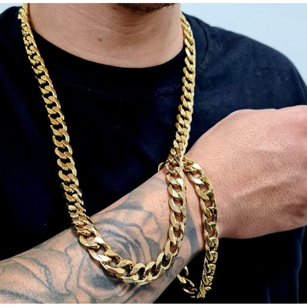 Conjunto Corrente E Pulseira Masculino Em Aço Banhado A Ouro 60cm X 12mm