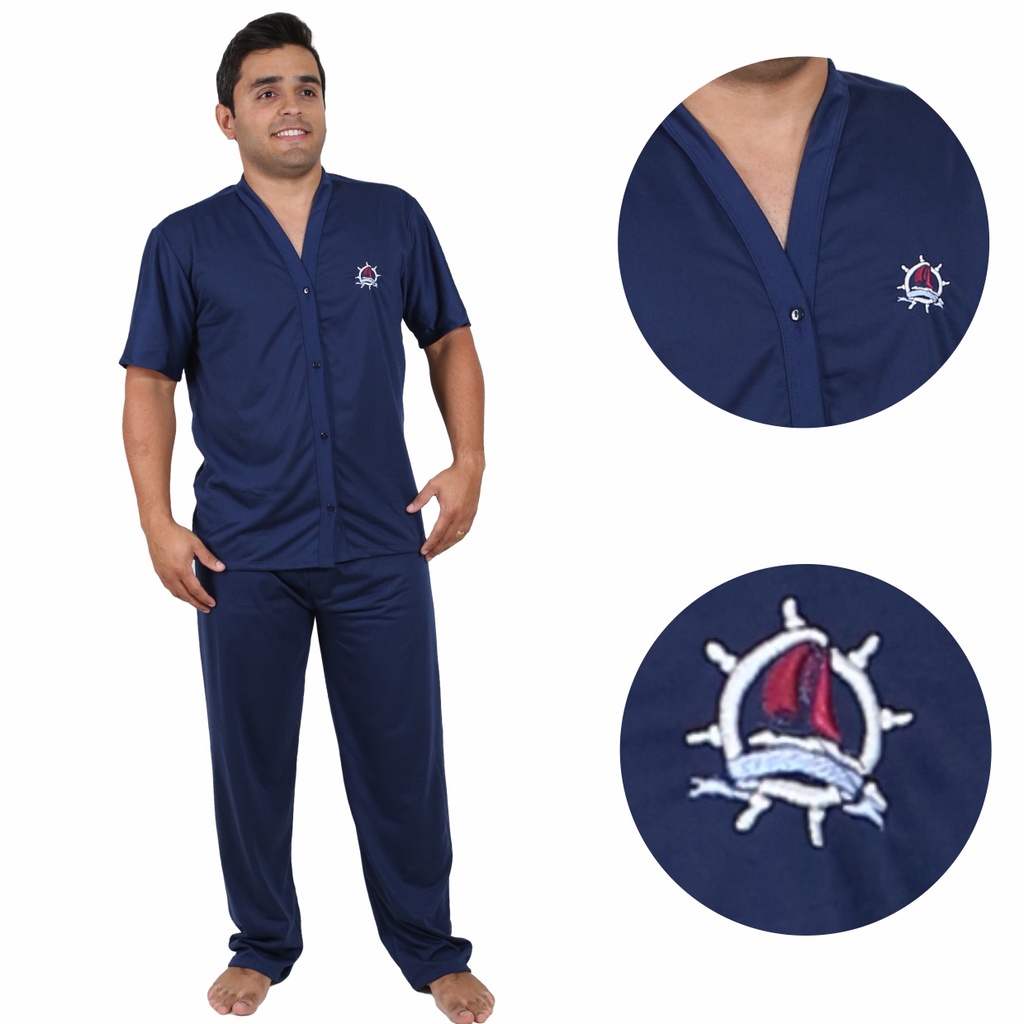 Pijama Masculino Calça Longa Blusa Curta Aberto Botão Cirurgia Americano Bonito Presente Pai - Linda Morena