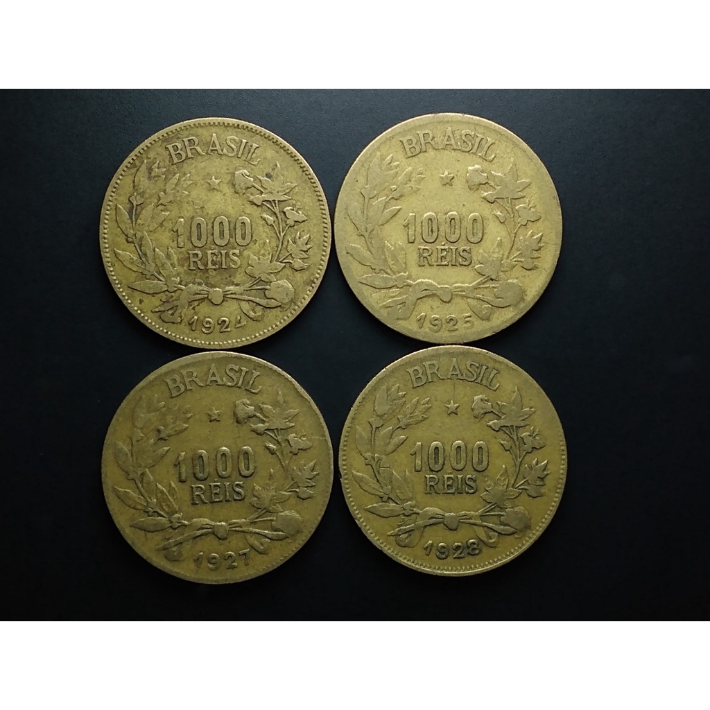 Moedas de 1000 réis de 1924, 1925, 1927 e 1928, MBC, circuladas mas em bom estado de conservação, bronze alumínio