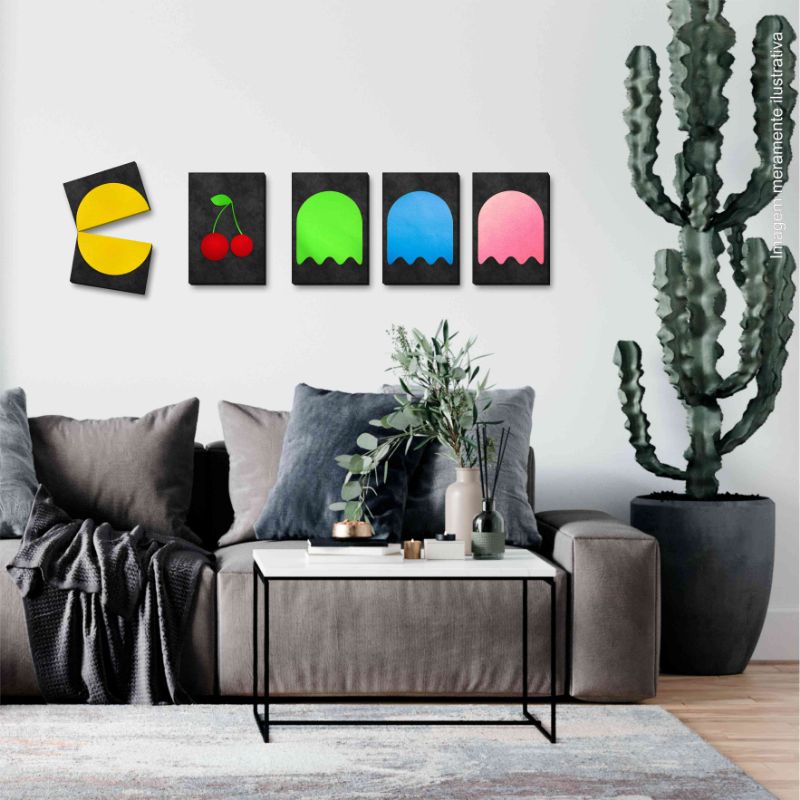Kit de Quadros Decorativos Tema PAC Man Ótima Qualidade Game Retrô Vídeo Game Jogos Geek Minimalismo Nerd presente