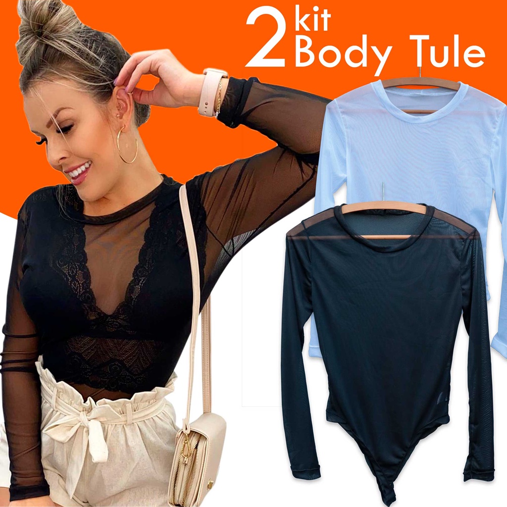 Kit 2 Body Feminino de Tule Manga Longa Transparente Revenda Atacado