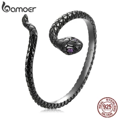 Bamoer 925 Dedo Prata Preto Cobra Anel Banhado A Ouro Tamanho Ajustável Moda Jóias Presentes Para Mulheres BSR236