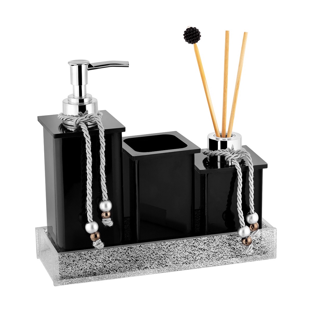 Kit Lavabo Luxo / Kit Saboneteira / Jogo Banheiro C/ Saboneteira Difusor Pote e Bandeja em Acrílico Preto / Glitter Prata - Acribom