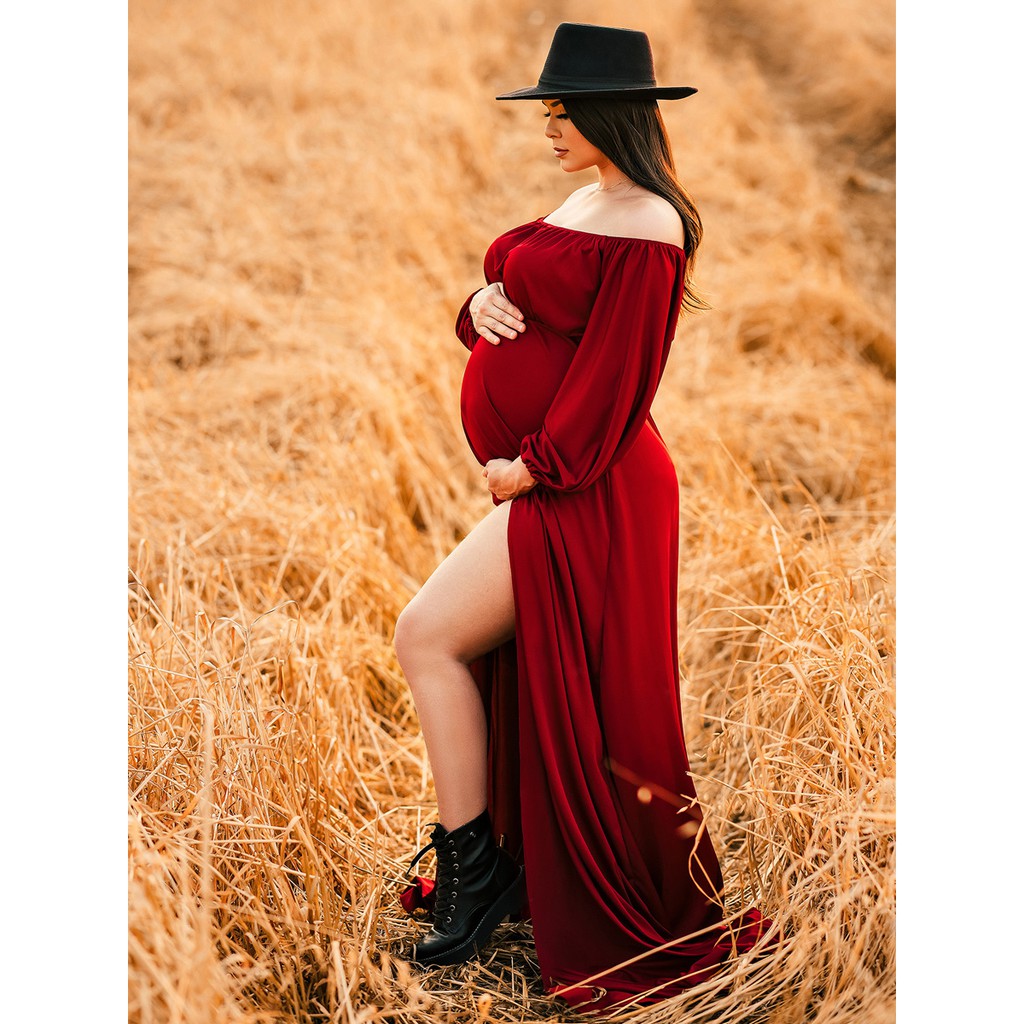 Vestido Gestante Com Fenda Na Perna Para Foto Gravida G21 em Oferta na Shopee