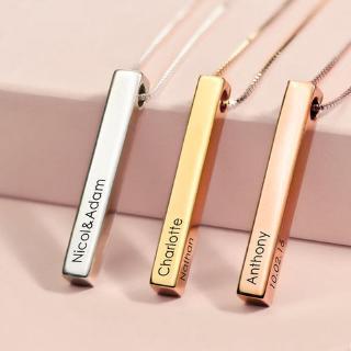 Livre Gravar Quatro Lados Gravura Personalizado Quadrado Bar Ouro Nome Personalizado Colar De Pingente De Aço Inoxidável Colar De Mulheres / Homens