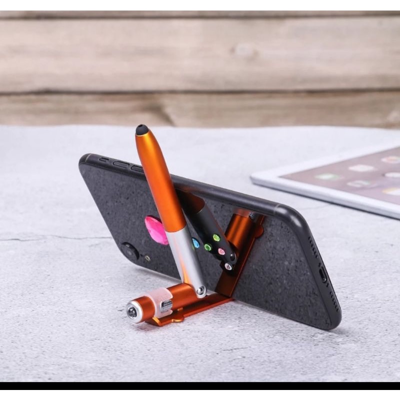 Caneta esferográfica dobrável 4 em 1, universal, caneta capacitiva com tela touch, acessório de suporte para celular, tablet