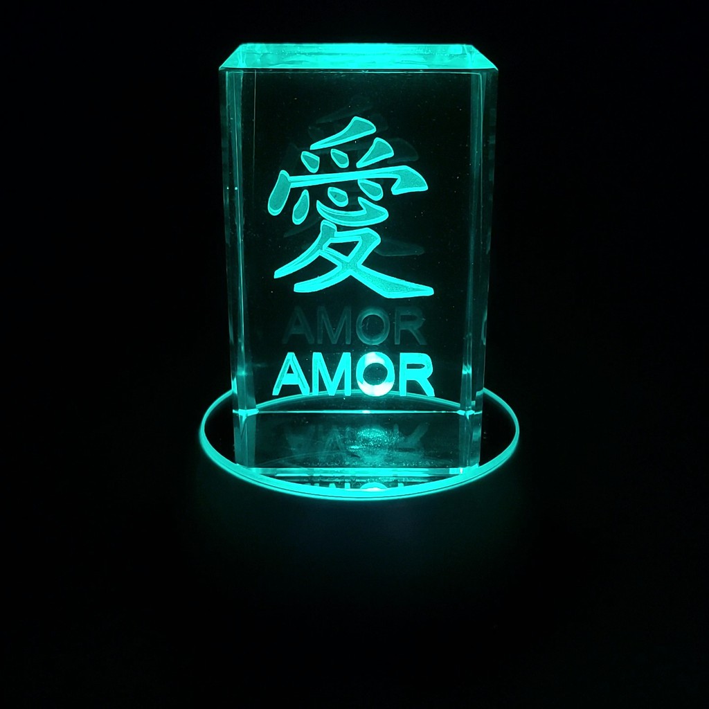 Kit cubo vidro Ideograma chinês 6 opções Amor Amizade Felicidade Paz Saúde Sorte gravado lazer base Led multicolorida