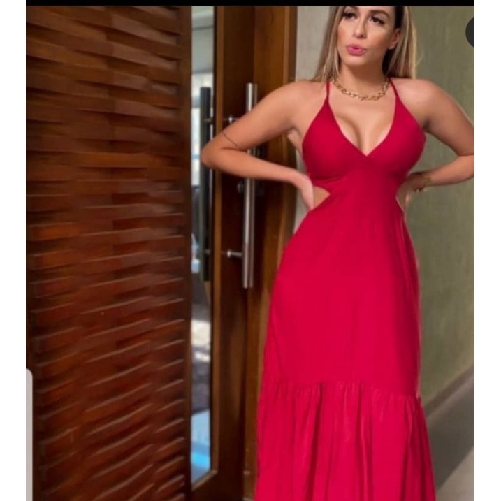 intellectual plate famous Vestido longo feminino alça com bojo decote nas costas branco rosa vermelho  verde | Shopee Brasil