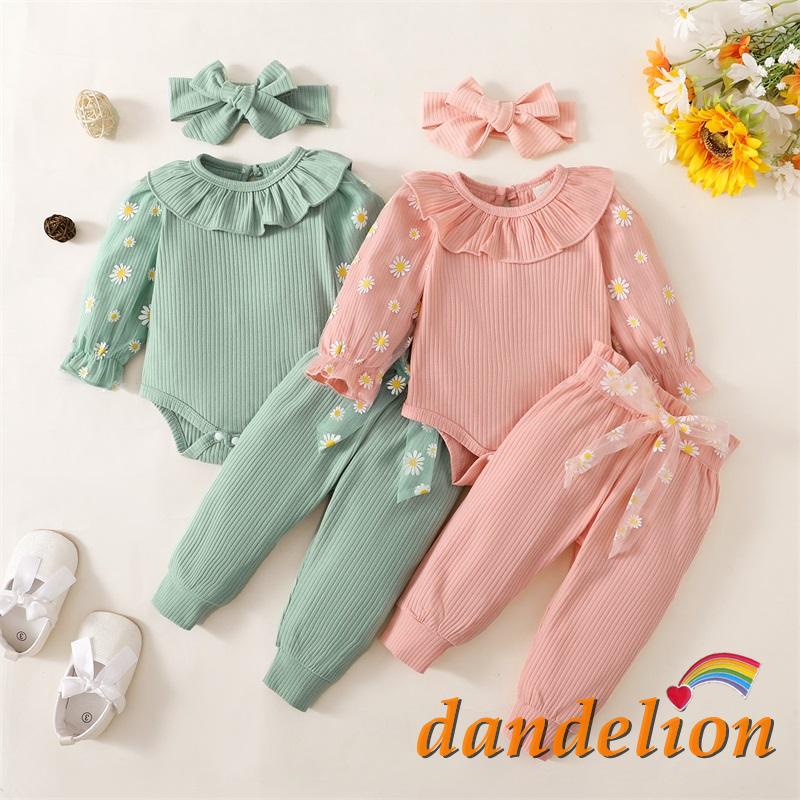 Dandelion-0-18 Meses Baby Girls Fall Outfit , Margarida Impressão Macacão Manga Longa + Calça Com Cinto + Conjunto De Fita De Cabeça Meninas bebê