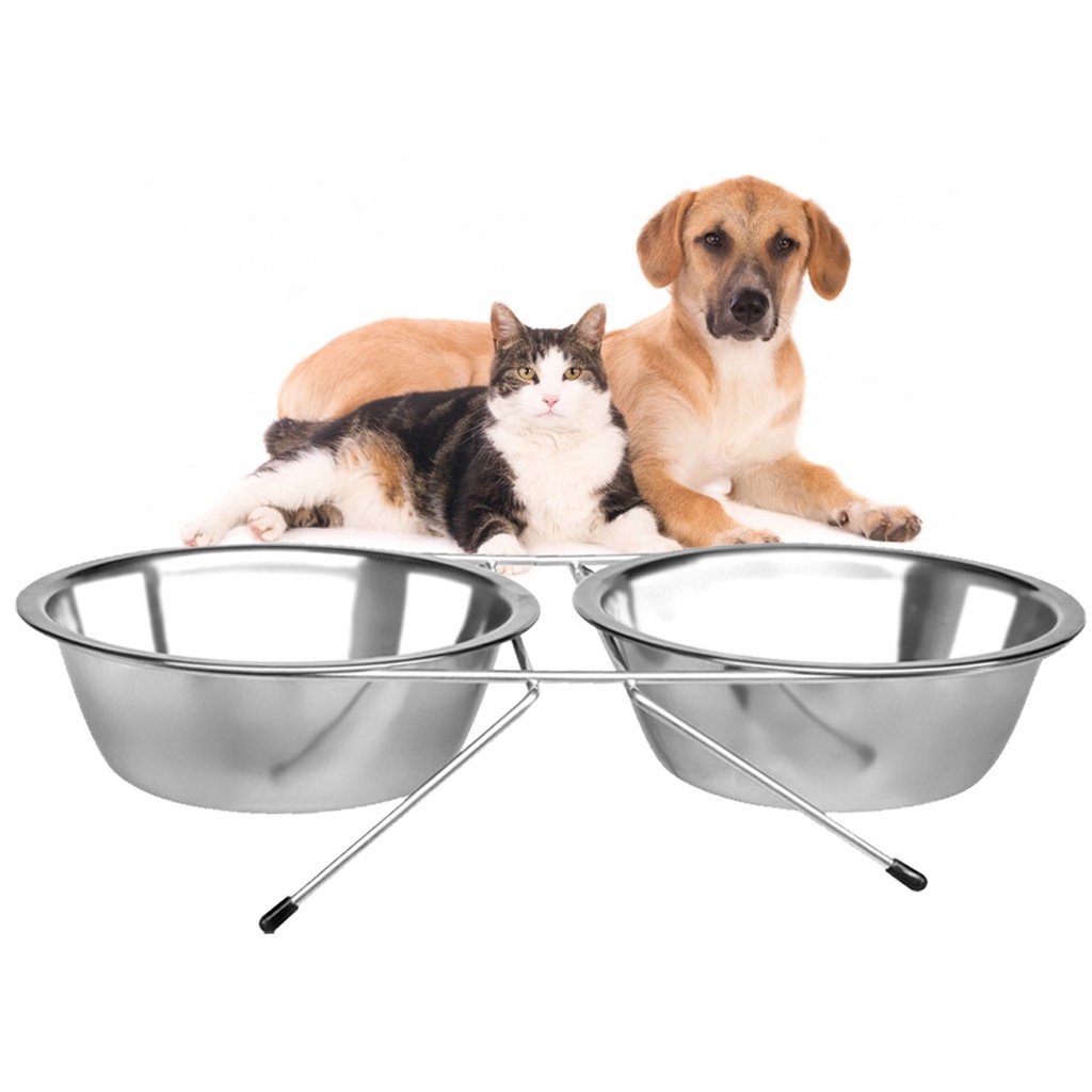 Comedouro Duplo Cachorros E Gatos Bebedouro Cromado 11,5cm