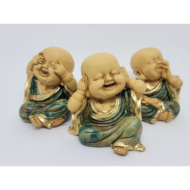 Buda Trio De Mini Budas Monge Sabedoria Pequeno 8 cm Jardim Zen Monge Novo