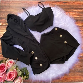 Conjunto Feminino Blazer + cropped + short com detalhes Conjuntinho Moda Luxo 3 peças