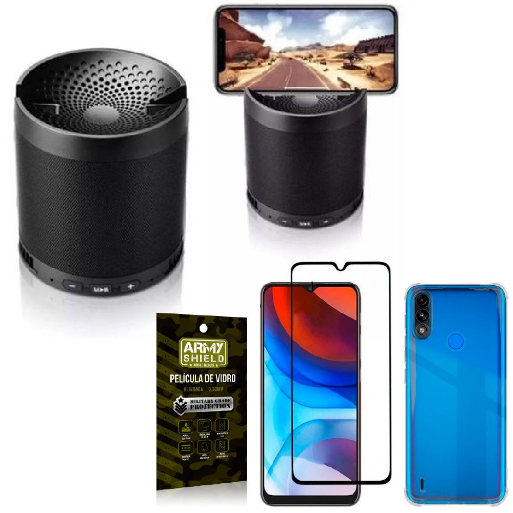 Kit Moto E7 Power Som Bluetooth Potente Q3 + Capinha + Película 3D - Armyshield