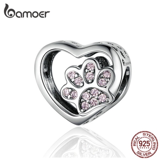 Bamoer Cat Love Charme Em Forma De Coração 925 Sterling Silver Paw Footprints Charmes SCC1191