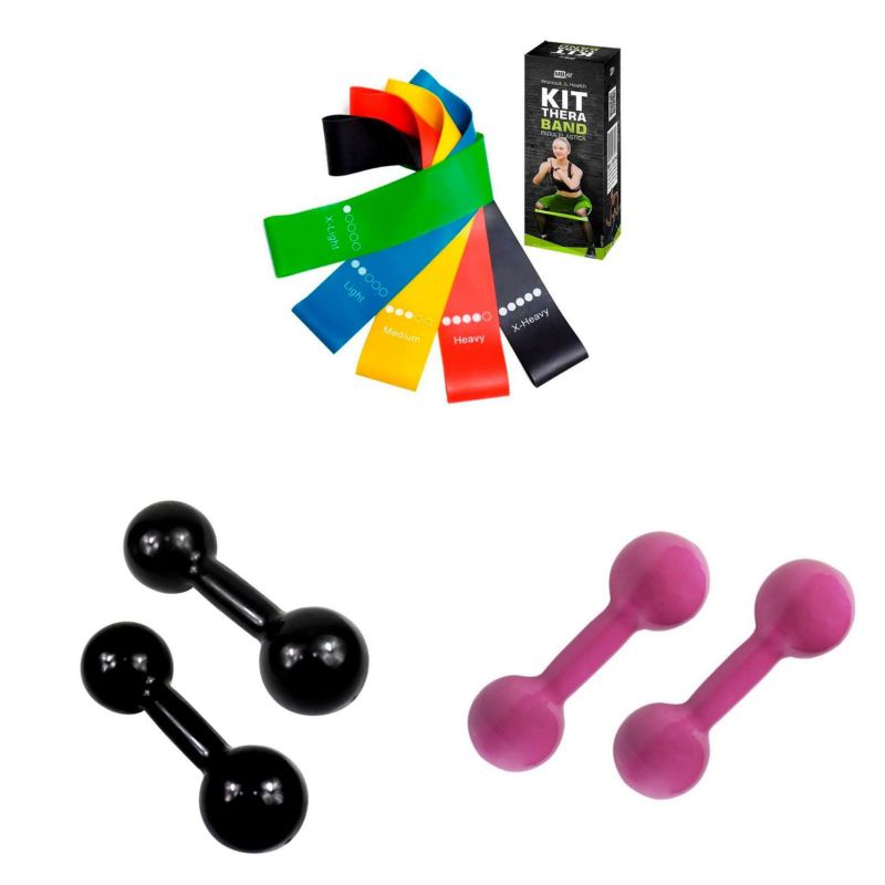 Combo Halter Emborrachado de 2kg + Halter de 3kg + Kit Theraband