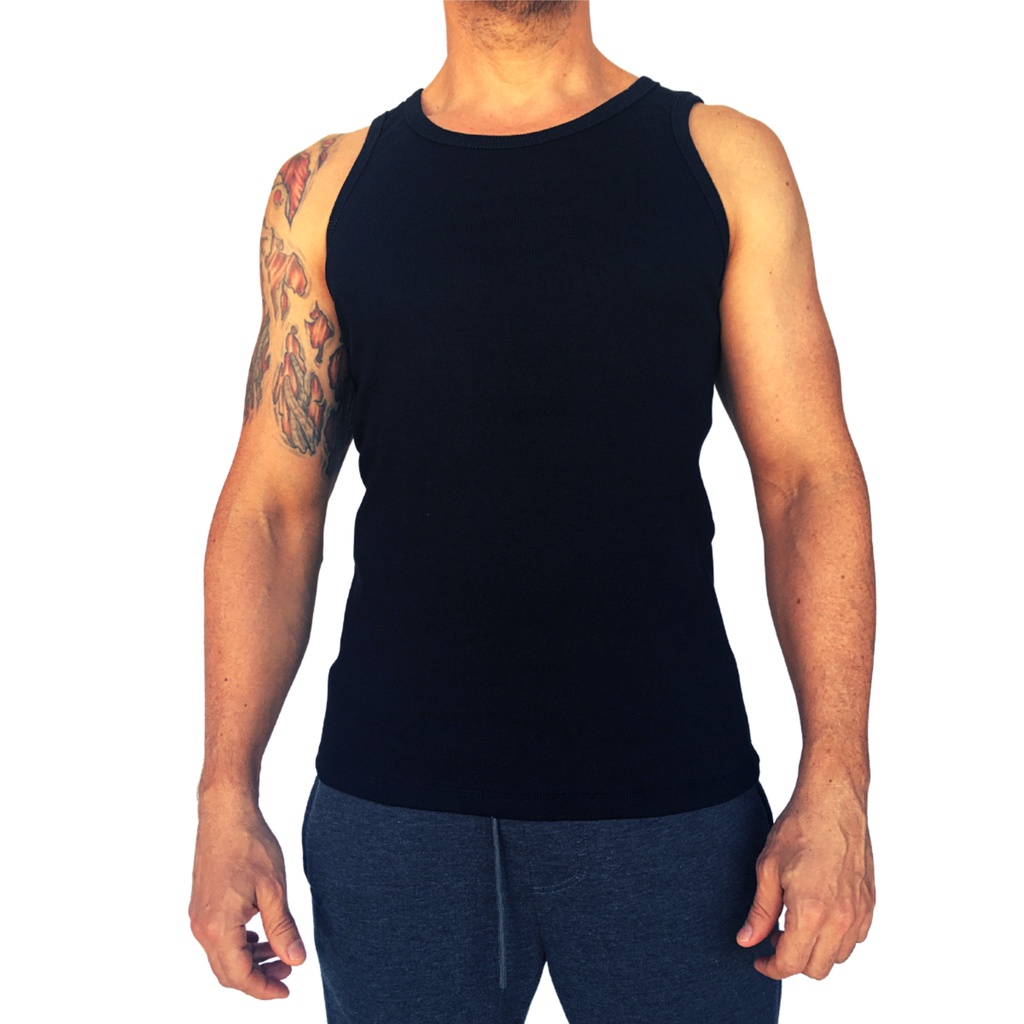 Camiseta Regata Basica Nadador Esportes Fitness Slim Malha Canelada Preto