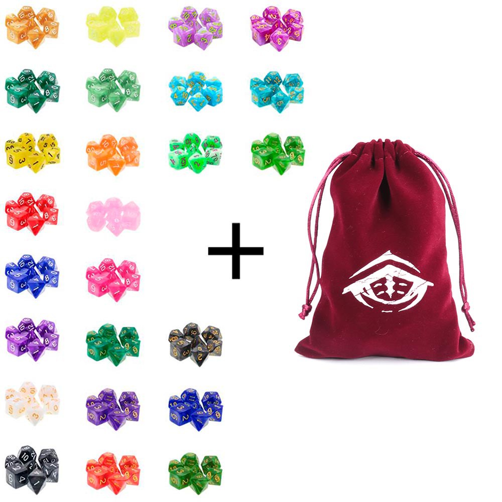 Dados de RPG Conjunto com 7 Dados Perolados + Dice Bag Grande Vinho Mercado RPG