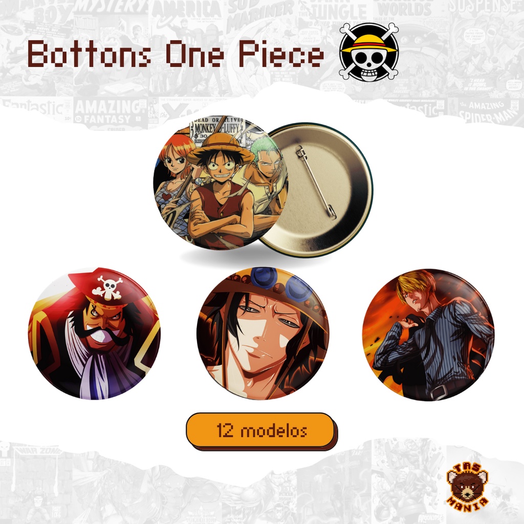 Bottons anime One Piece - tamanhos 2,5 cm 3,5 cm e 4,5 cm em Oferta na Shopee