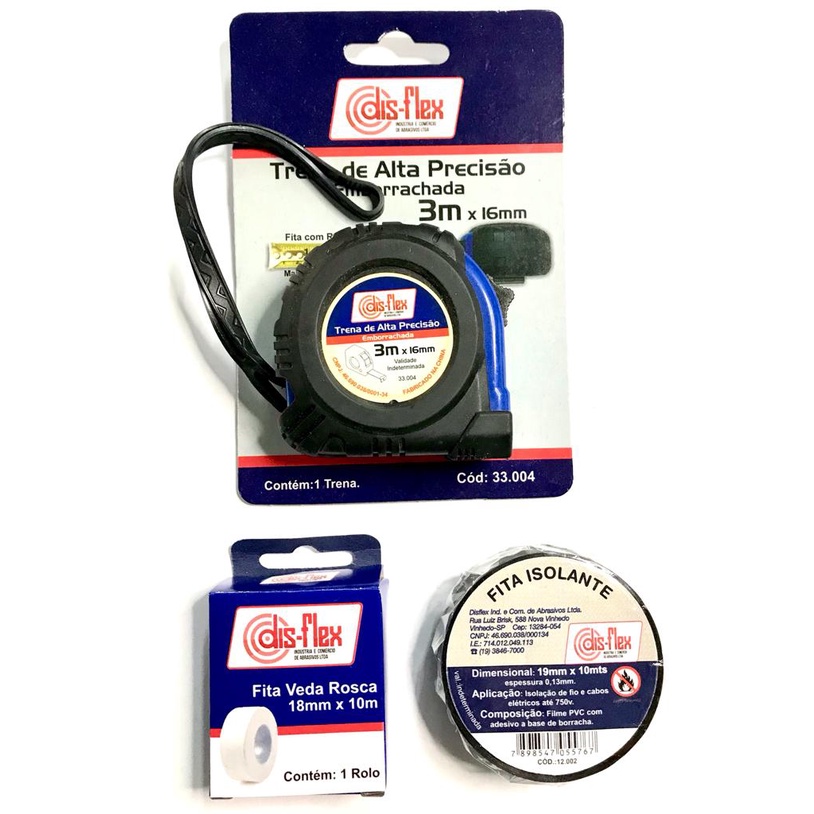 Kit Trena Emborrachada 3m + Fita Isolante 10m + Fita Veda Rosca 10m