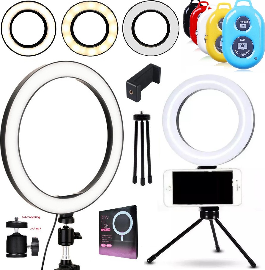 Ring Light Anel Suporte Celular Universal Tripé de Mesa + Controle Bluetooth Gravação Vídeo