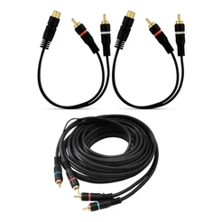 Kit Cabo Rca 5 Metros + 2 Cabos Y 2M 1F Para Modulo 4 Canais Banhado a Ouro