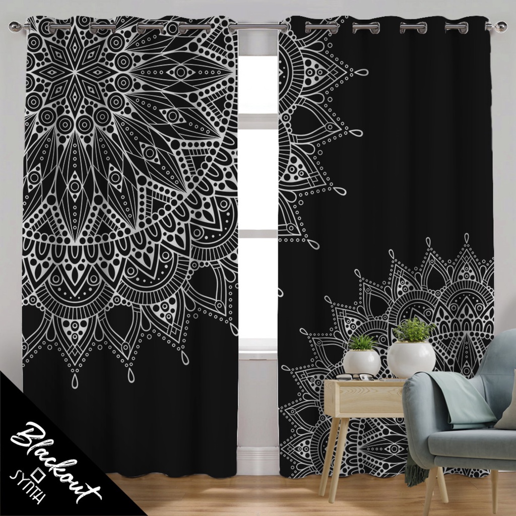 Cortina Synth (Blackout) 2,50×2,80m Mandala Preta Branca 05