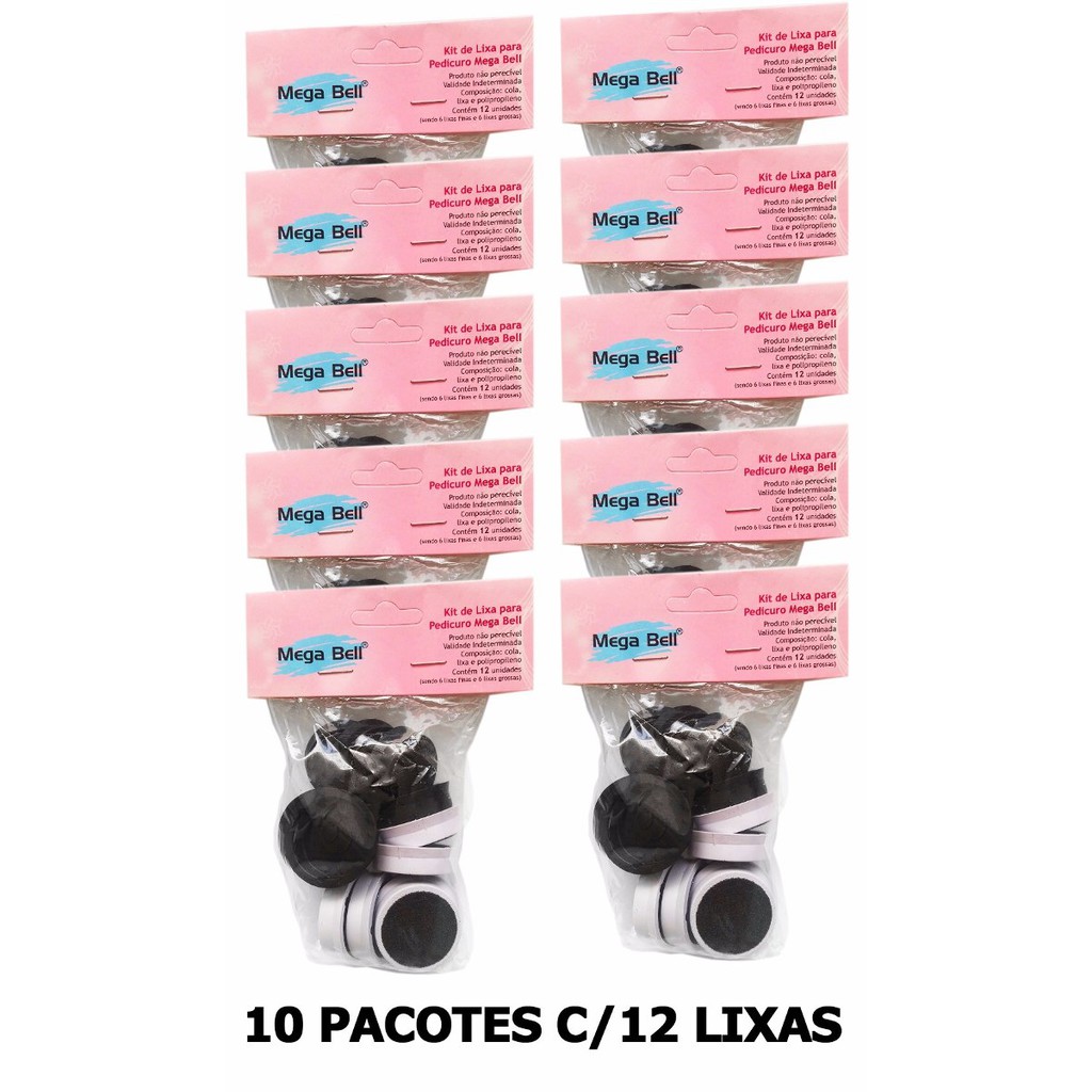 Kit com 10 Pacotes de Lixas Descartáveis para Pedicuro Mega Bell - Total de 120 Lixas