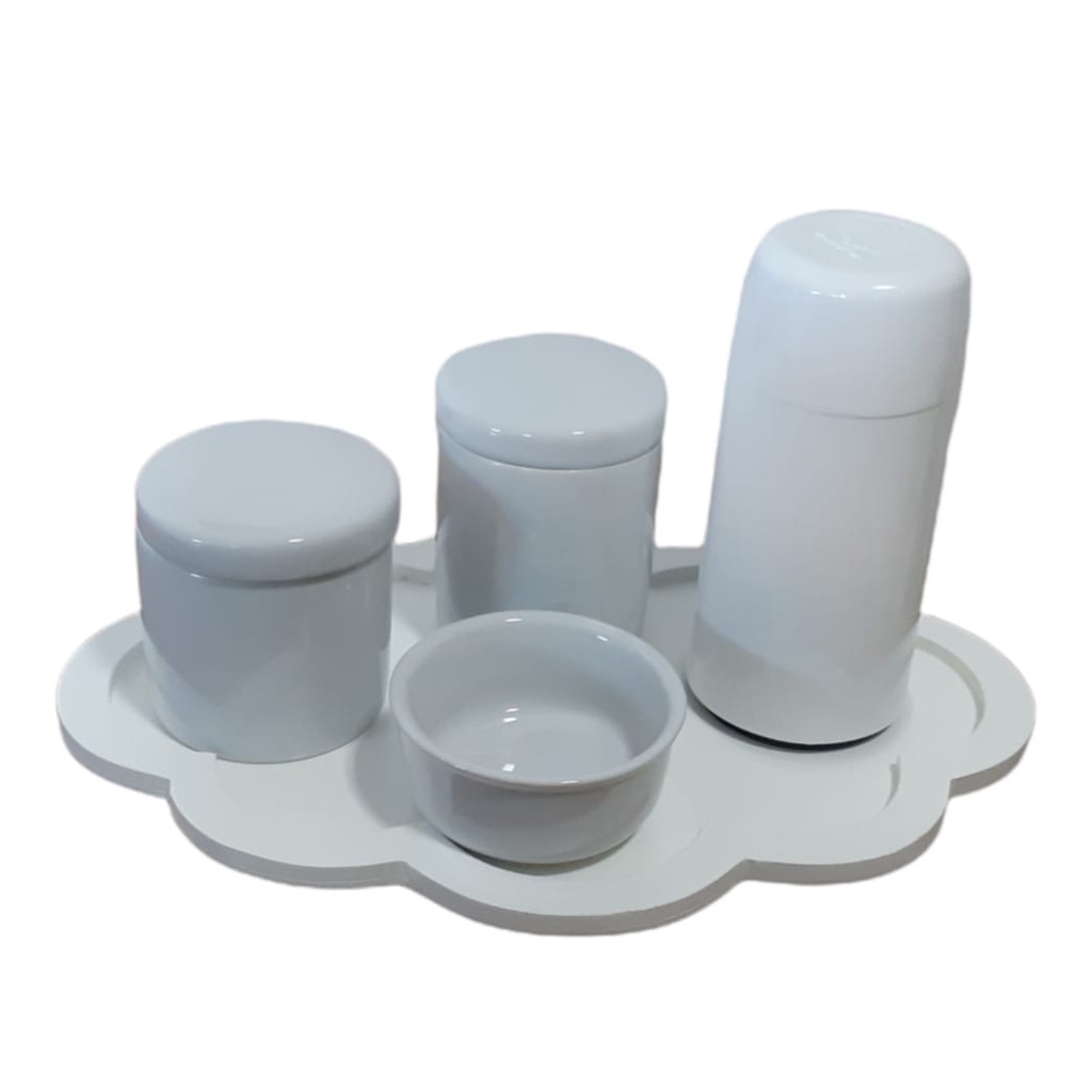 Kit Higiene Bebê Porcelana Nuvem branca Clean 250 ml 5 peças potes maternidade menina meni...