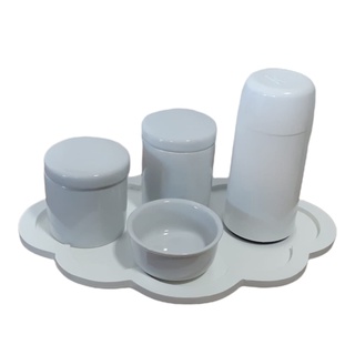 Kit Higiene Bebê Porcelana Branca Bandeja Nuvem Clean 5 peças maternidade menino menina porta algodão cotonete