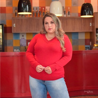 Blusa Feminina Suéter Decote V Plus Size Trico Tricot Inverno