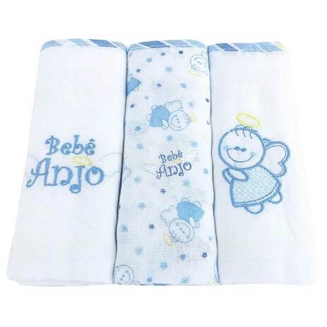 Kit Fraldas Tecido Duplo Bordada 70 x 70 cm Bebê Enxoval com 3 unidades