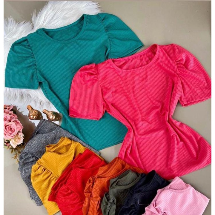 Blusa feminina manga curta princesa bufante canelada gola rasa blogueira