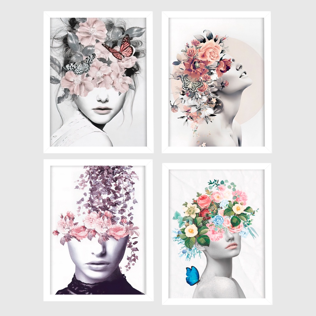 Kit 4 Quadros Decorativos Com Moldura Mulheres Flores Na Cabeça Sala Quarto Feminino