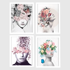 Kit 4 Quadros Decorativos Com Moldura Mulheres Flores Na Cabeça Sala Quarto Feminino