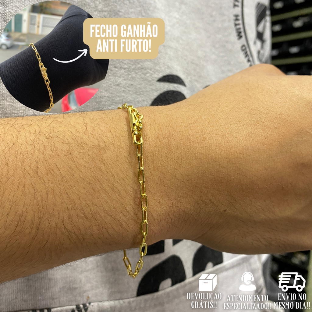 Pulseira De Ouro Cadeado Masculina 3,8g Fininha Banhada