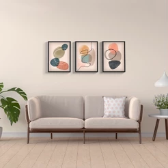 Conjunto Quadro Decorativo 3 Peças Moldura e Vidro Abstrato Moderno Sala Quarto