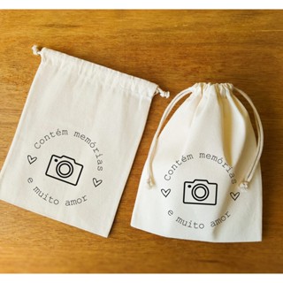 Saquinho de algodão cru KIT 5 UND "contém memórias e muito amor" em Oferta na Shopee