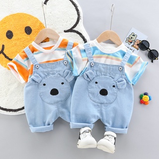 Traje Infantil De 0 A 4 Anos Simples Listrado top De Manga Curta + Jardineira shorts De Duas Peças