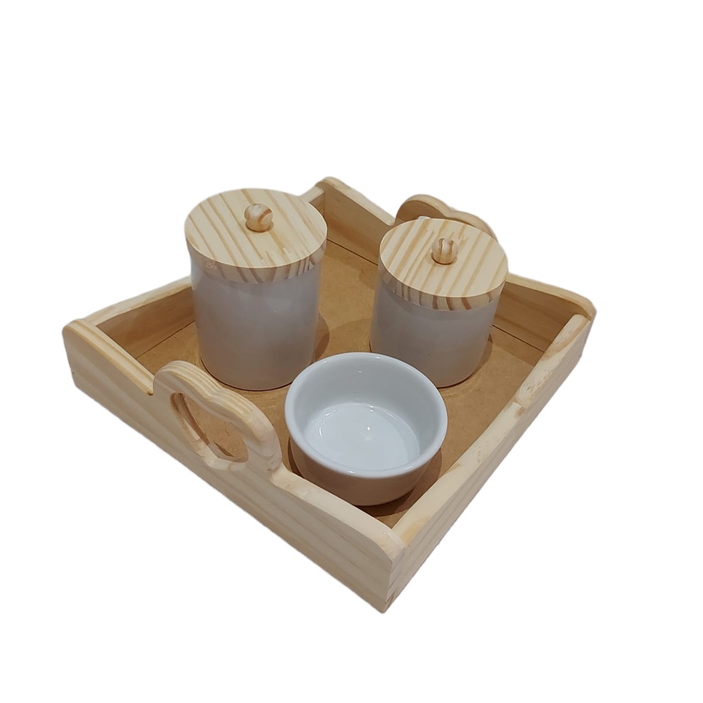 Kit Higiene Bebê Porcelana Branca tampa madeira  Bandeja coração  maternidade menino menina porta algodão cotonete