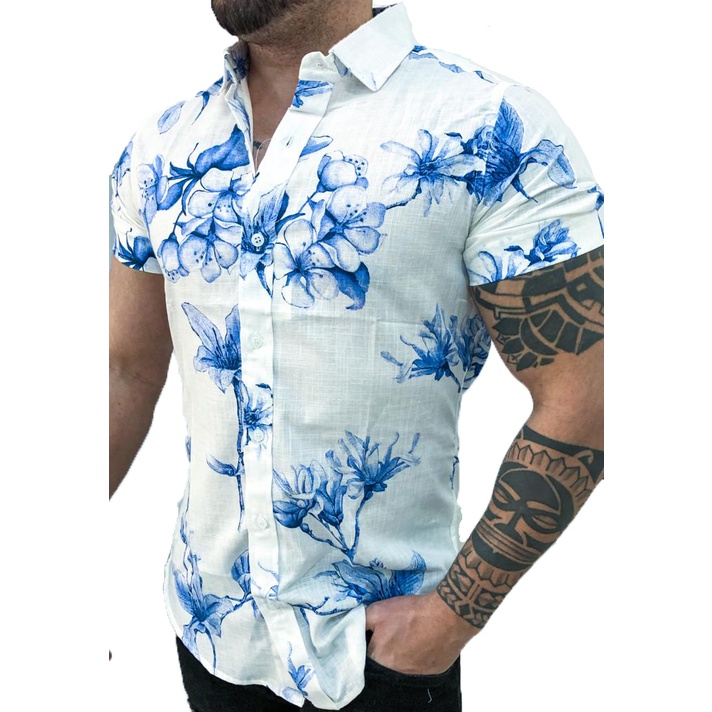 Camisa Social Florida Masculina Manga Curta Moda Praia