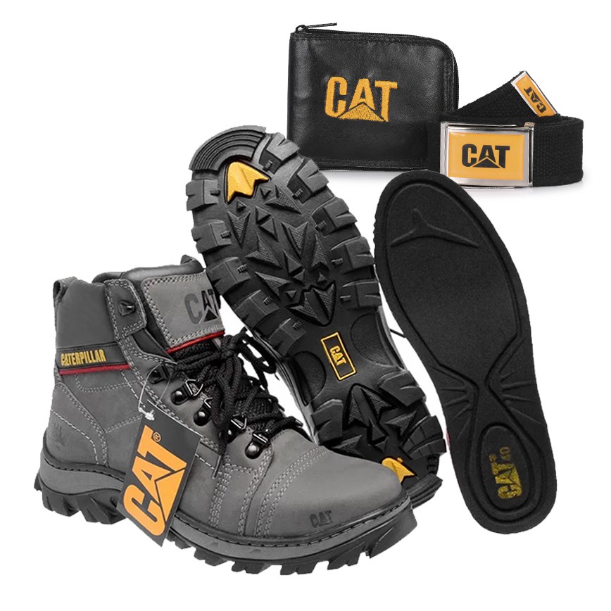 Kit Bota Caterpillar Masculina Original Couro Cinza + Carteira e Cinto ...