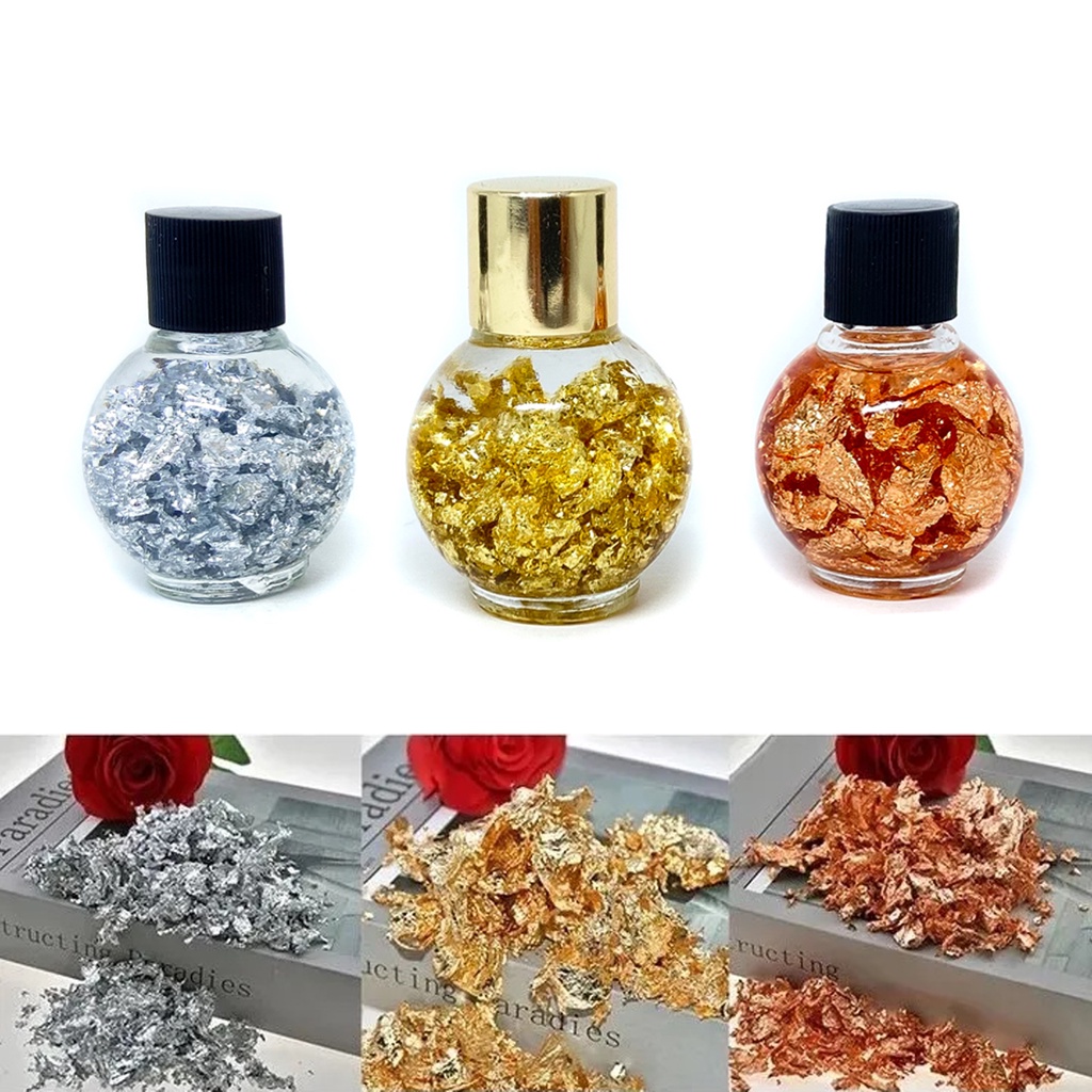 Kit Garrafinha Folhas Flocos Ouro Prata E Cobre Em Flocos 2g