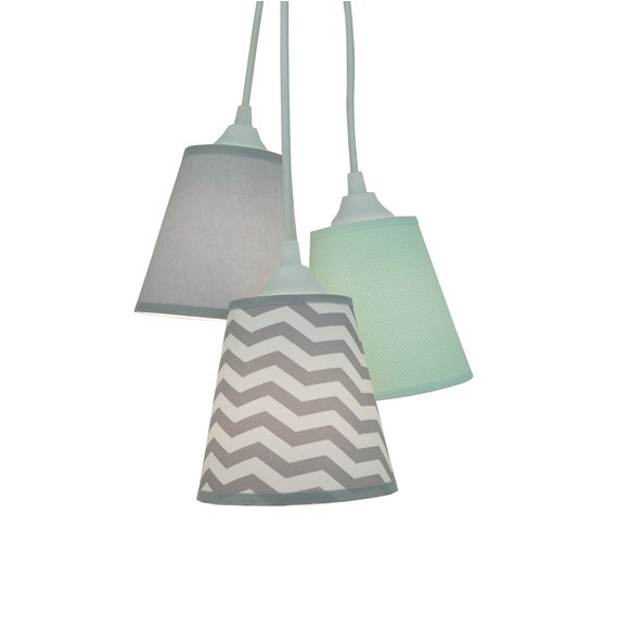 Lustre Pendente Luminária Cacho Revestido com Tecido Chevron e Piquet Verde Água
